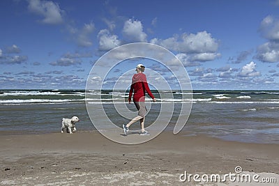 Woman Walking on a Lake Huron Beach with a Small White Dog Stock Photo