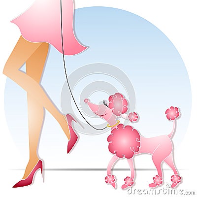 Woman Walking Pink Poodle Cartoon Illustration