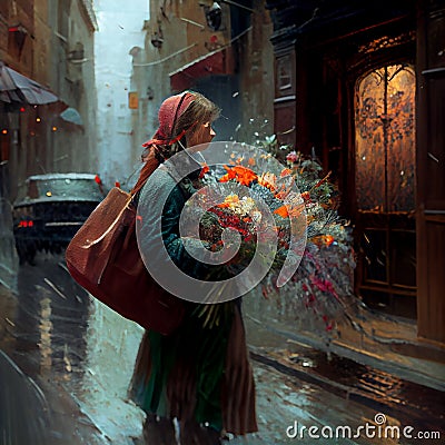 Woman walking in the rain with a bouquet of flowers. Generative AI Stock Photo