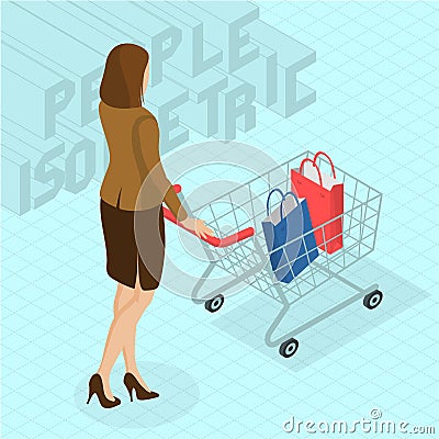 woman walking with shopping cart. Vector Illustration