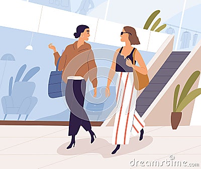 Woman walking in shopping mall. Happy female friends talking while strolling with bags in modern shop. Girlfriends going Vector Illustration