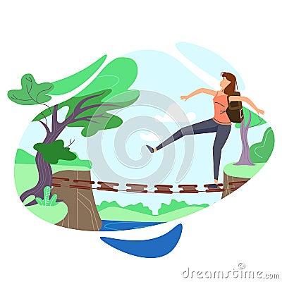 Woman Walking at Staggering Suspension Bridge Vector Illustration