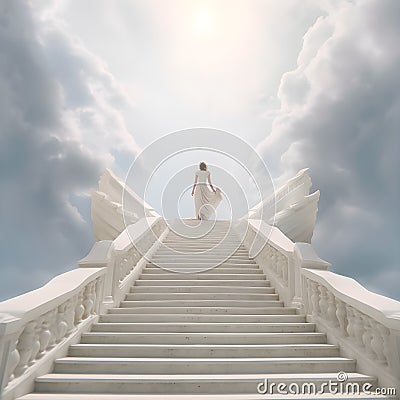 Woman walking on stairway to heaven, eternal life concept, realistic design illustration, generative ai Cartoon Illustration