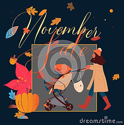 Woman walking with strollers in autumn park Vector Illustration