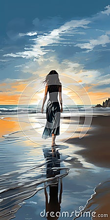 Elegant Realism: Nancy Walking Alone On The Beach - Digital Painting Cartoon Illustration