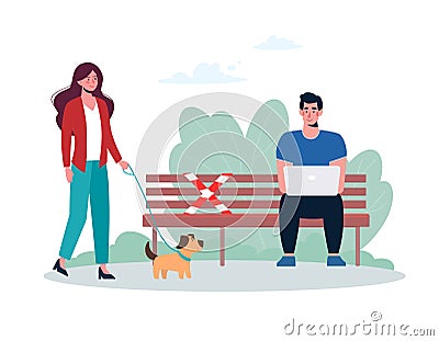 A woman walks a dog. A man works on a laptop on a bench. People keep their distance in the park. A socially safe Vector Illustration
