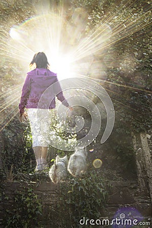 Woman walks her two dogs in heaven Stock Photo