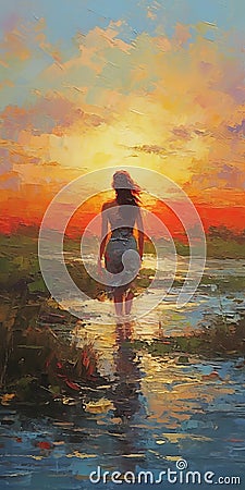 Sunset Walk With Girl: A Serene Painting By Mike Laves In The Style Of Eric Wallis And Dmitry Kustanovich Stock Photo