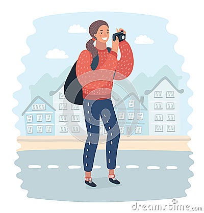 Woman wanderer is taking photo on mobile phone camera of city Vector Illustration