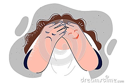 Woman wants to hide emotions by covering face with hands with positive and negative emoticon Vector Illustration
