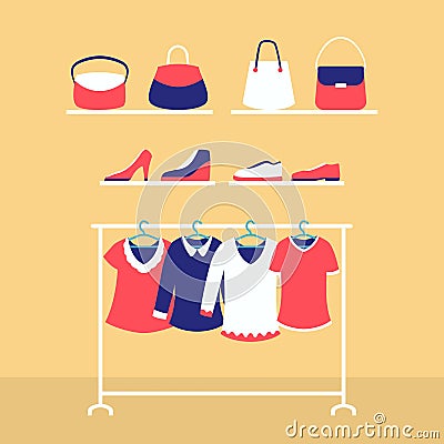 Woman wardrobe fashion set style with clothes bags and shoes Stock Photo