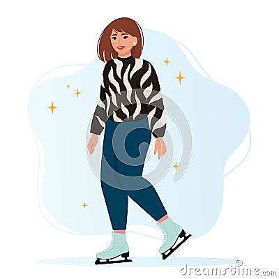 Woman in a warm sweater skates on ice. Figure skating, winter active fun. Vector illustration in flat style Vector Illustration