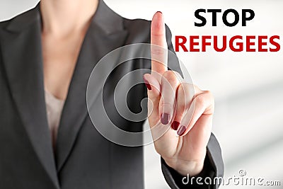 Woman warning. Stop refugees. Gray background behind Stock Photo