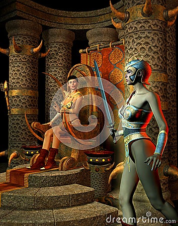 Woman warrior with armor and sword entering into the throne room, a queen on the chair in an ancient building, 3d illustration Cartoon Illustration