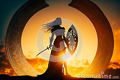 Woman warrior , Feminine silhouette of a girl-knight with a shield Generative AI Stock Photo