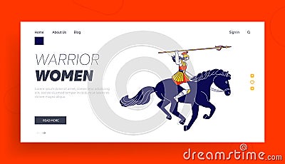 Woman Warrior with Weapon Landing Page Template. Amazon Female Character Fighting at War Riding Horse with Spear, Diana Vector Illustration