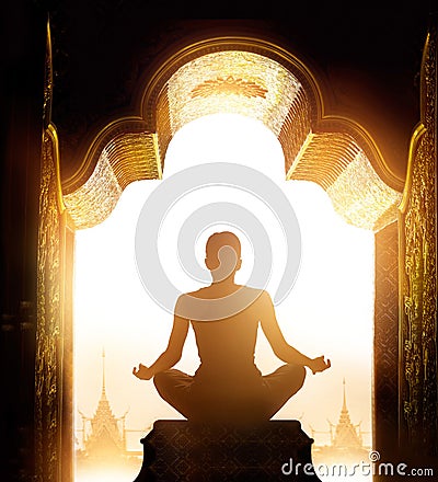 Woman was meditating at the gold sanctuary arch in the morning Stock Photo