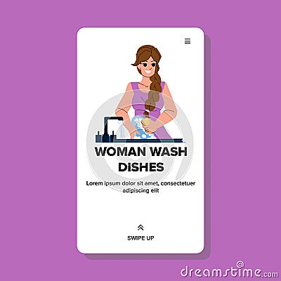 woman wash dishes vector Cartoon Illustration