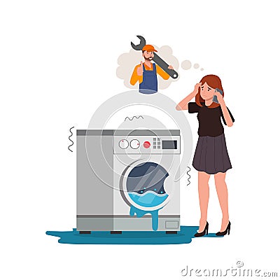 Woman and washer with leakage. Laundry equipment. Plumbing problem. Washing machine is broken ,woman called for Plumber repair Vector Illustration