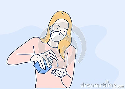 Woman washes her hands with sanitizer alcohol gel. Infection control concept. Vector Illustration