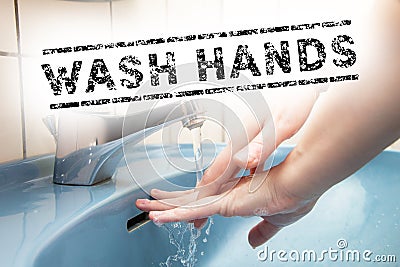 Woman washes her hands and text wash hands Stock Photo