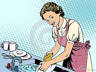 Woman washing dishes housewife housework comfort Vector Illustration