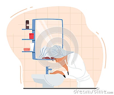 Woman Washing Face Stand front of Mirror and Sink in Bathroom. Girl in Towel and Robe Applying Skin Care Procedures Vector Illustration