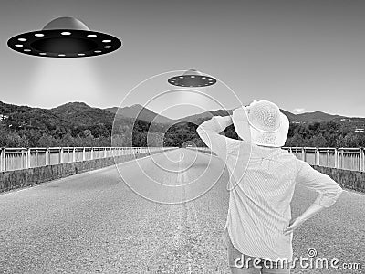 UFOs, alien invasion. Monochrome and slightly desaturated for re Stock Photo