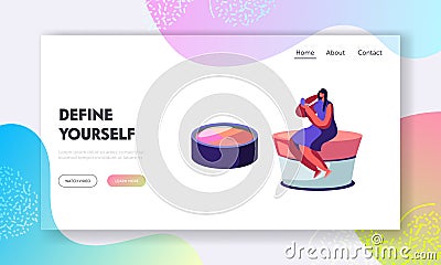 Woman Watching in Little Mirror Sitting on Huge Cream Jar, Cosmetics Products, Beauty Salon, Makeup Courses, Make Up School Vector Illustration