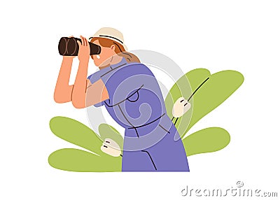 Woman watching, looking through binoculars. Curious surprised amazed shocked girl spying observing, exploring nature on Vector Illustration