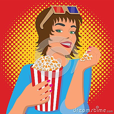 Woman watching a movie, smiling and eating popcorn Vector Illustration