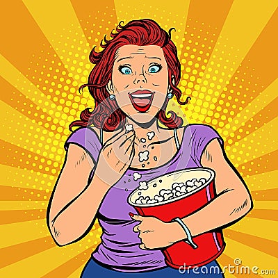 Woman watching a movie, smiling and eating popcorn Vector Illustration