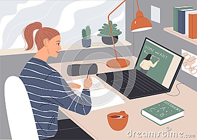 Woman watching video lecture on laptop screen Vector Illustration