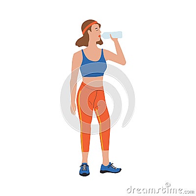 Woman with water. Fitness girl drinking. People drink. Hand drawn character with bottle, lady in sport suit active Vector Illustration