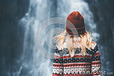 Woman and waterfall Travel Lifestyle Stock Photo