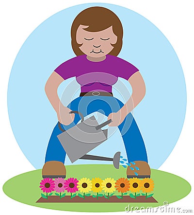 Woman Watering Flowers Vector Illustration