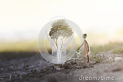 woman watering her plant that needs energy to a light bulb Stock Photo