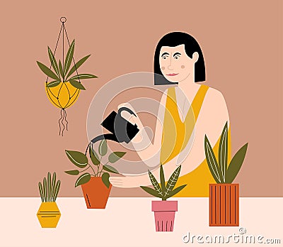 A woman watering a houseplant Vector Illustration