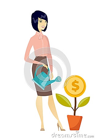 Woman watering money flower vector illustration. Vector Illustration