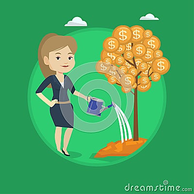 Woman watering money tree vector illustration. Vector Illustration