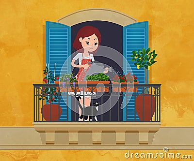 Woman watering plants Stock Photo