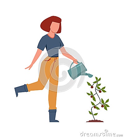 Woman watering plants in garden. Female character with watering can outdoors, backyard gardening concept, cartoon flat Vector Illustration