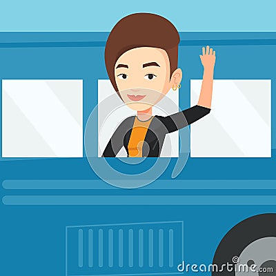 Woman waving hand from bus window. Vector Illustration