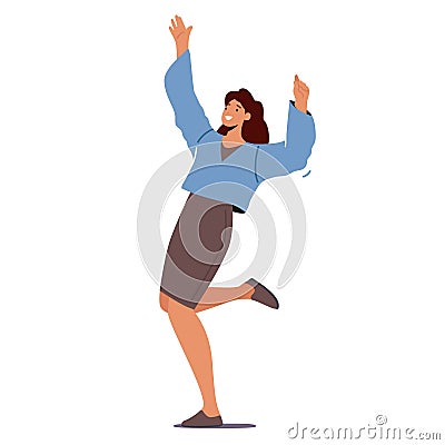 Woman Waving Hands, Jump or Dance Celebrate Success, Happiness or Victory. Female Character with Raised Arms Vector Illustration