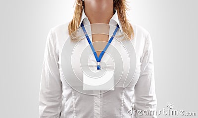 Woman wear blank white horizontal badge mockup Stock Photo