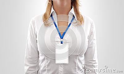 Woman wear blank white vertical badge mockup, stand isolated. Stock Photo