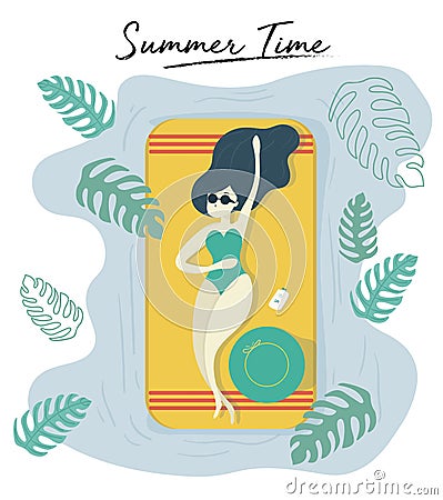 woman wear sun glasses tanning on pool in summer time funky stlye Vector Illustration