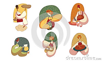 Woman Wearing Apron Cutting Wurst and Baking Bread Vector Illustrations Set Vector Illustration