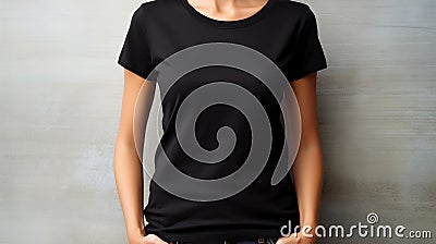 Woman wearing black t shirt mockup template for design print studio on light gray wall Stock Photo