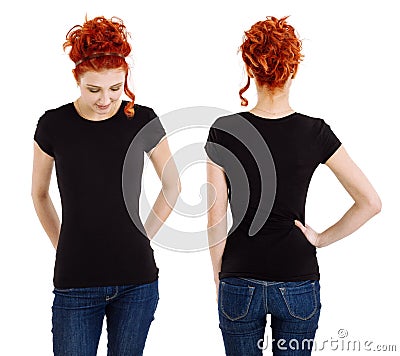 Woman wearing blank black shirt front and back Stock Photo